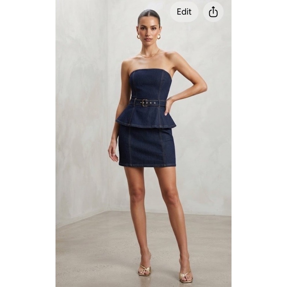 Strapless Stretch Denim Bodycon Mini Tube Peplum Dress NWT SIZE M
